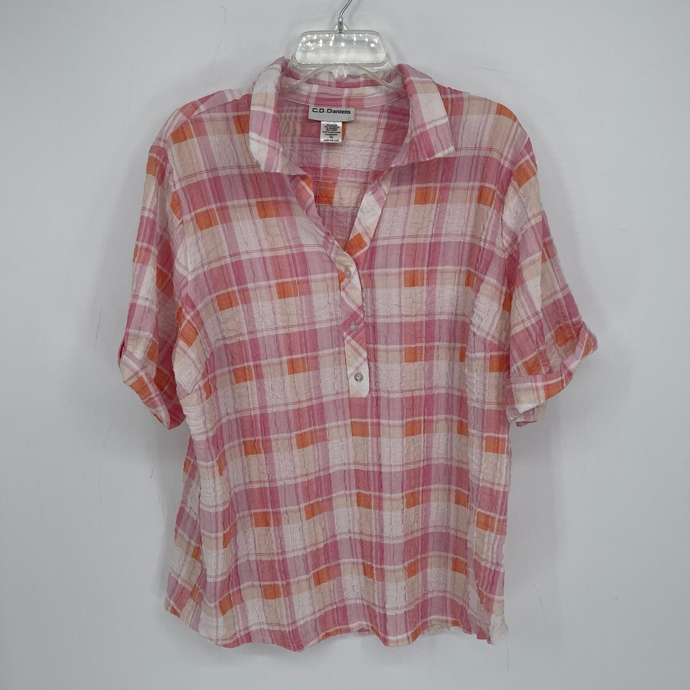 C.D. Daniels Women's Pink Plaid Seersucker Henley Short Sleeve‎ Blouse Size 1X